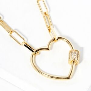 Gold CZ Crystal Heart Carabiner Paperclip Link Chain Pendant Necklace